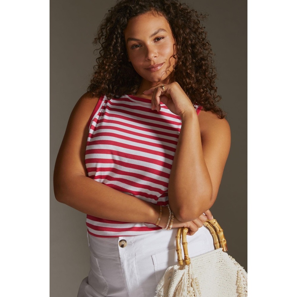 Anthropologie Plus Maeve 100% Cotton Striped Cropped Tank Pink White 2X Coastal